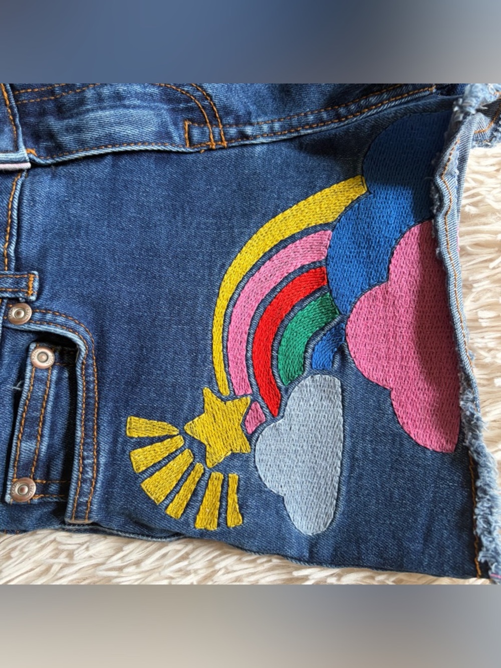 Mini Boden Star Rainbow Embroidered Jean Shorts•Size 10 - Picture 3 of 7